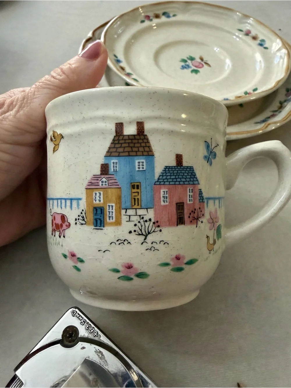 International Stoneware Cream Mug and Small Plate Set with Floral Accents